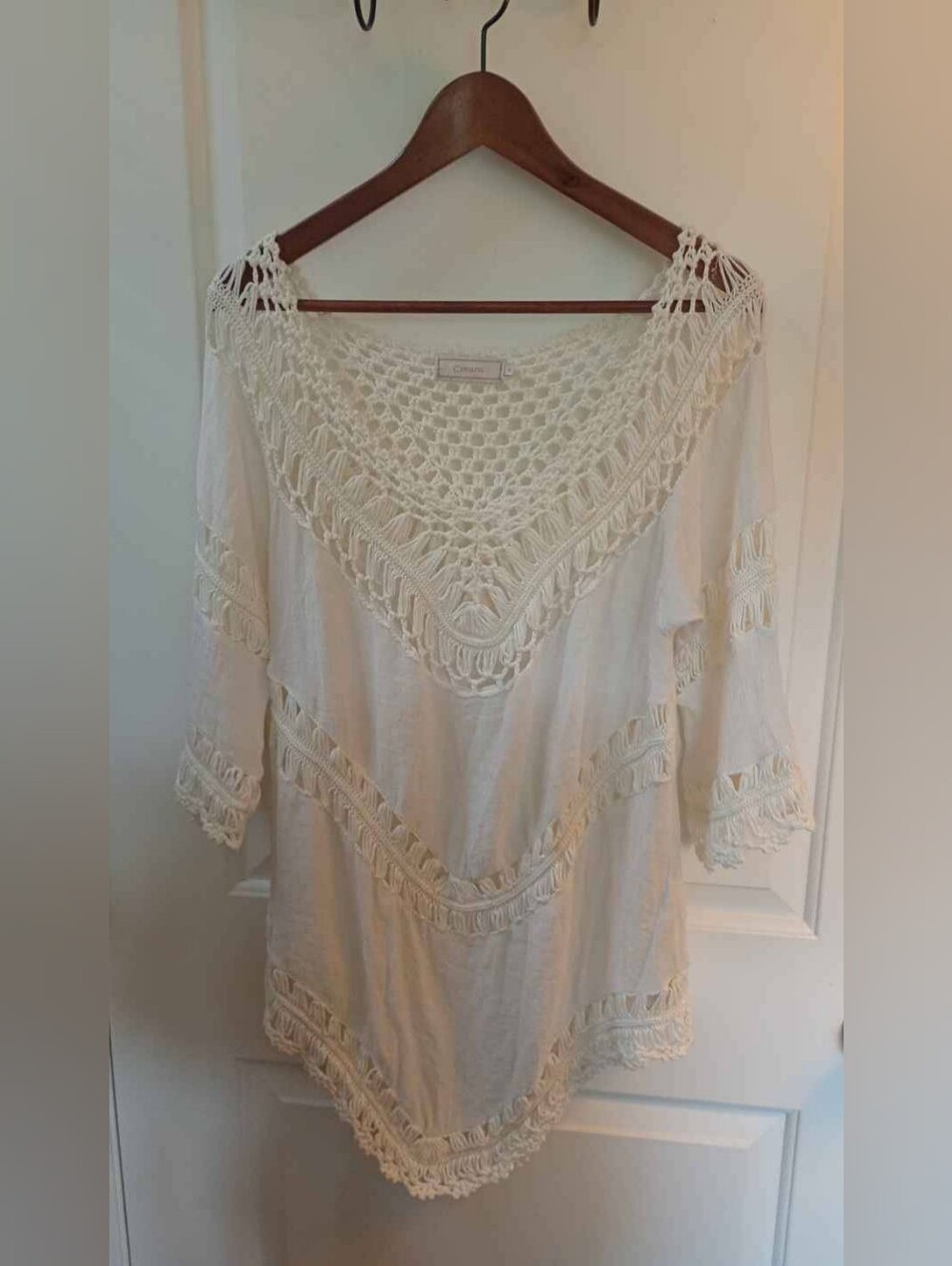 Cream | Boho Crochet V-Neck Tunic Top in Cream | 44 (M)